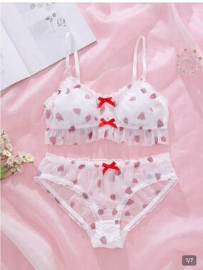 SHEIN White Sheer Strawberry-Print Bralette Set with Red Bows